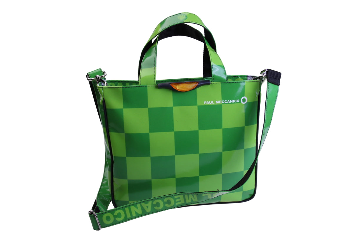 ..GREEN TOTE WITH CHESS FANTASY. MODEL GLAM MADE OF LORRY TARPAULIN.