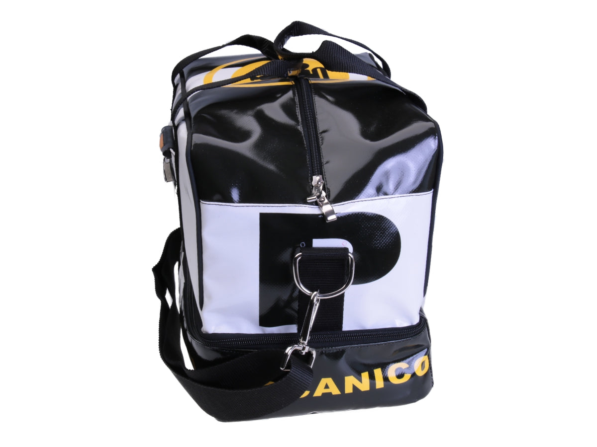 BLACK AND WHITE HAND LUGGAGE BAG 40 X 20 X 25 CM. MODEL FLYME MADE OF LORRY TARPAULIN.