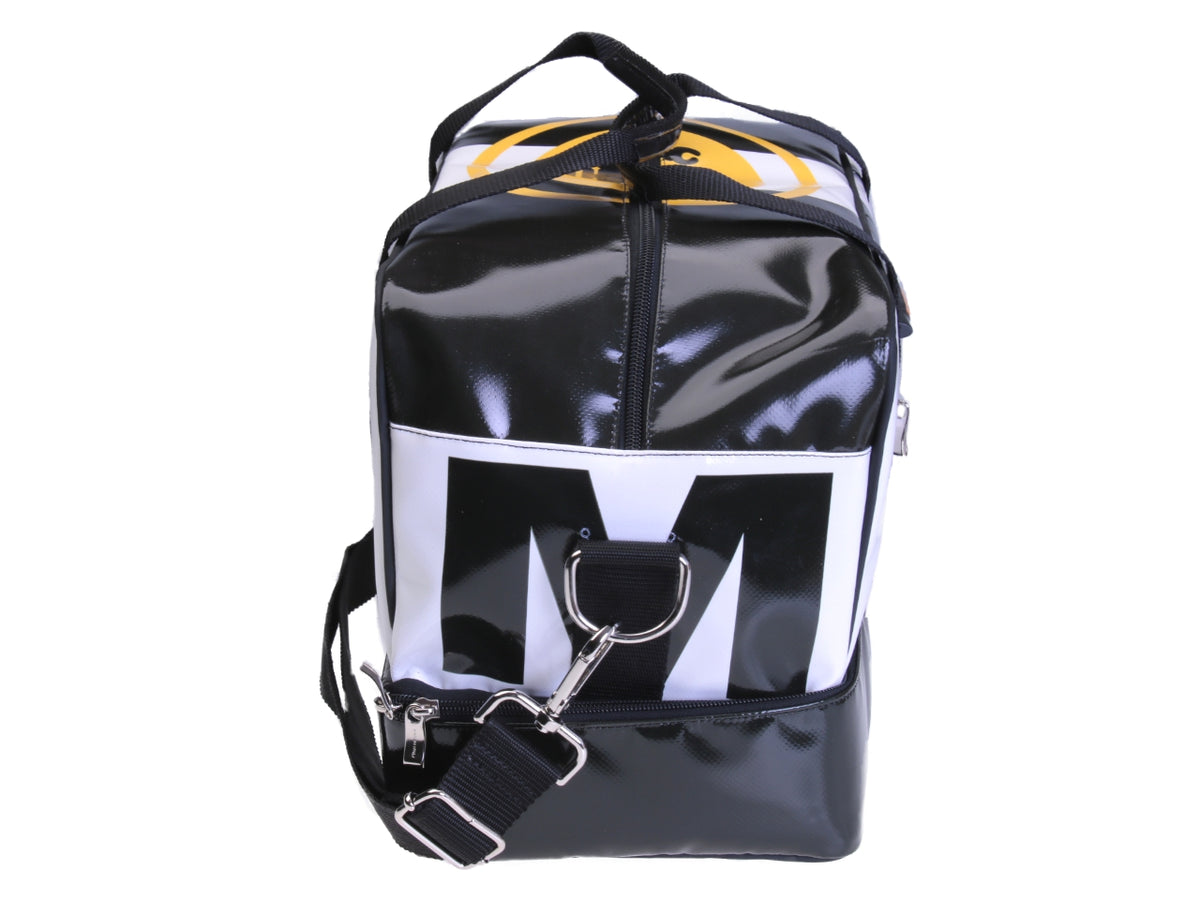 BLACK AND WHITE HAND LUGGAGE BAG 40 X 20 X 25 CM. MODEL FLYME MADE OF LORRY TARPAULIN.