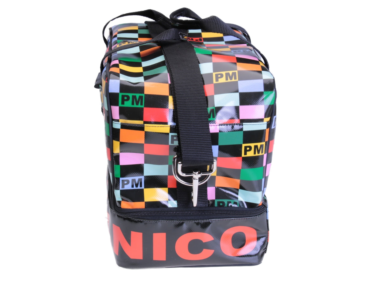 MULTICOLOR HAND LUGGAGE WITH GEOMETRIC FANTASY BAG 40 X 20 X 25 CM. MODEL FLYME MADE OF LORRY TARPAULIN.