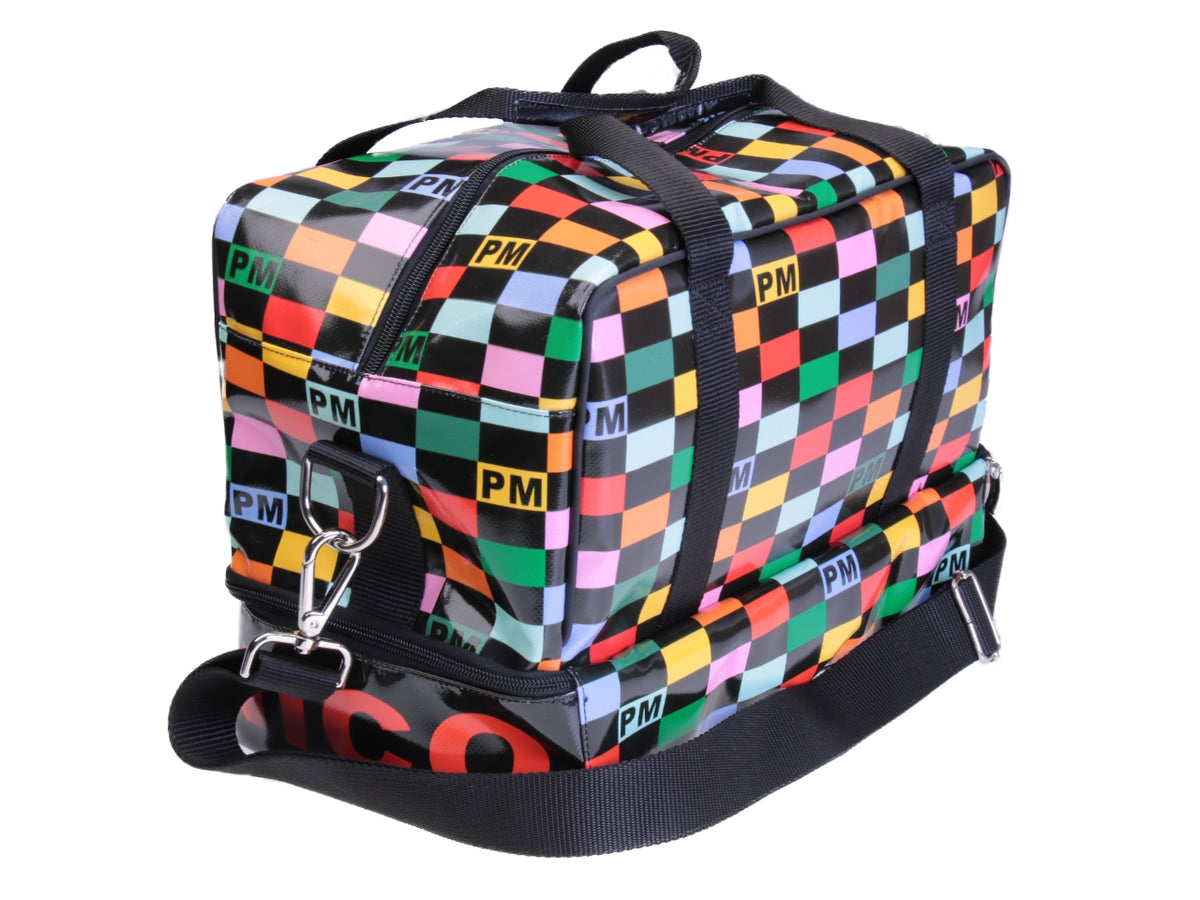 MULTICOLOR HAND LUGGAGE WITH GEOMETRIC FANTASY BAG 40 X 20 X 25 CM. MODEL FLYME MADE OF LORRY TARPAULIN.