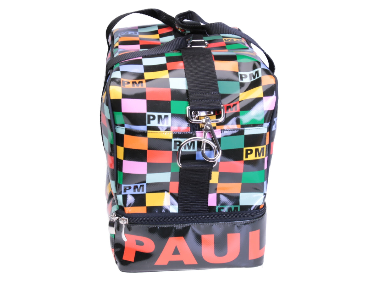 MULTICOLOR HAND LUGGAGE WITH GEOMETRIC FANTASY BAG 40 X 20 X 25 CM. MODEL FLYME MADE OF LORRY TARPAULIN.