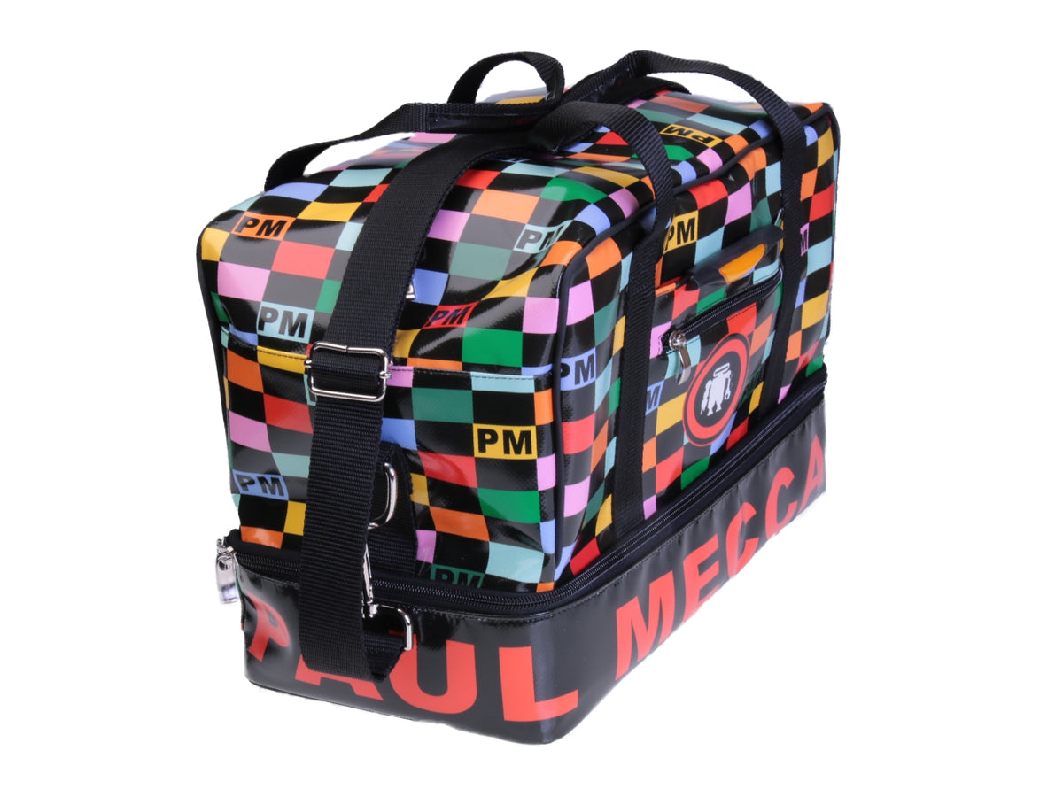 MULTICOLOR HAND LUGGAGE WITH GEOMETRIC FANTASY BAG 40 X 20 X 25 CM. MODEL FLYME MADE OF LORRY TARPAULIN.