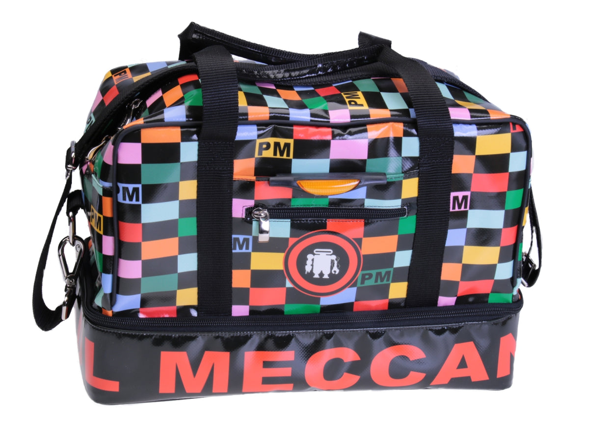 MULTICOLOR HAND LUGGAGE WITH GEOMETRIC FANTASY BAG 40 X 20 X 25 CM. MODEL FLYME MADE OF LORRY TARPAULIN.