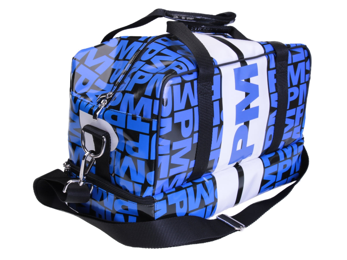 HAND LUGGAGE BAG BLACK, BLUE AND WHITE 40 X 20 X 25 CM. MODEL FLYME MADE OF LORRY TARPAULIN.