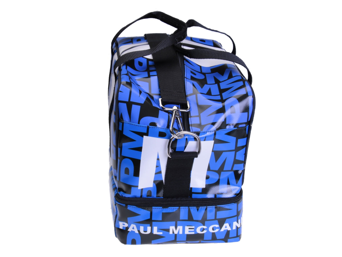 HAND LUGGAGE BAG BLACK, BLUE AND WHITE 40 X 20 X 25 CM. MODEL FLYME MADE OF LORRY TARPAULIN.