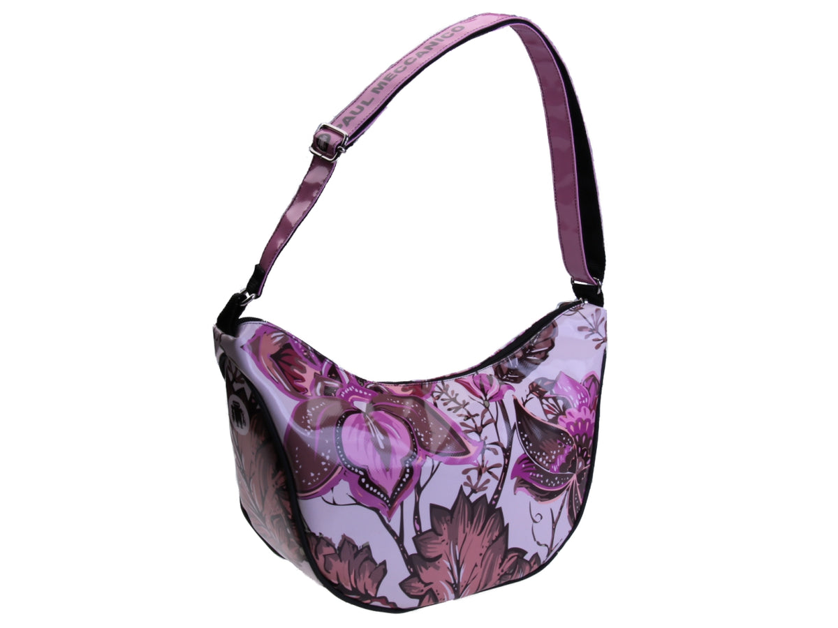 CRESCENT BAG PINK WITH FLORAL FANTASY. MODEL SPLIT MADE OF LORRY TARPAULIN.
