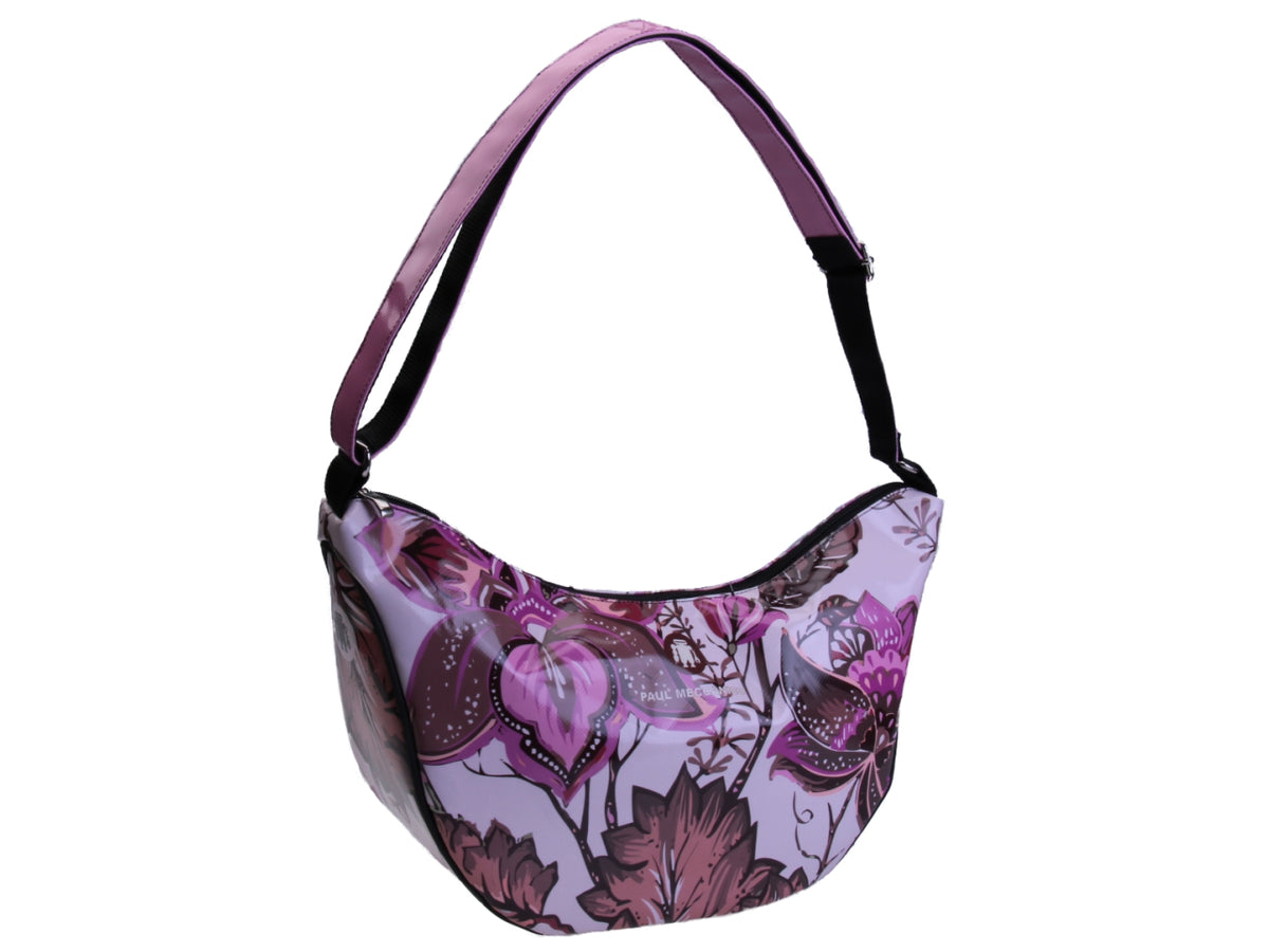 CRESCENT BAG PINK WITH FLORAL FANTASY. MODEL SPLIT MADE OF LORRY TARPAULIN.