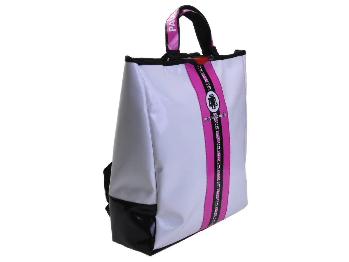 2 IN 1 BRIEFCASE AND BACKPACK WHITE WITH FUXIA AND BLACK. MODEL HYBRID MADE OF LORRY TARPAULIN.
