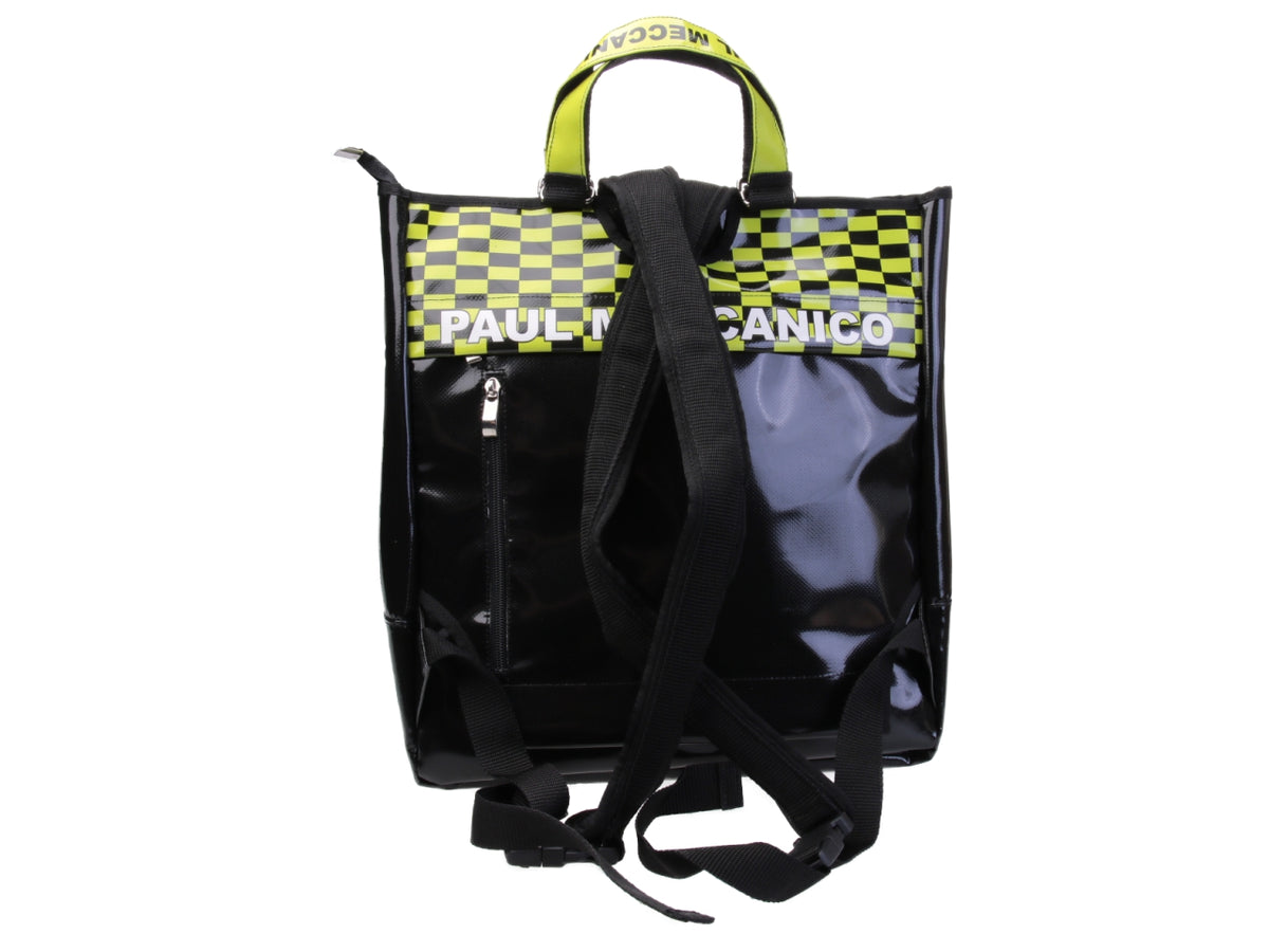 2 IN 1 BRIEFCASE AND BACKPACK IN BLACK AND FLUORESCENT GREEN. MODEL HYBRID MADE OF LORRY TARPAULIN.