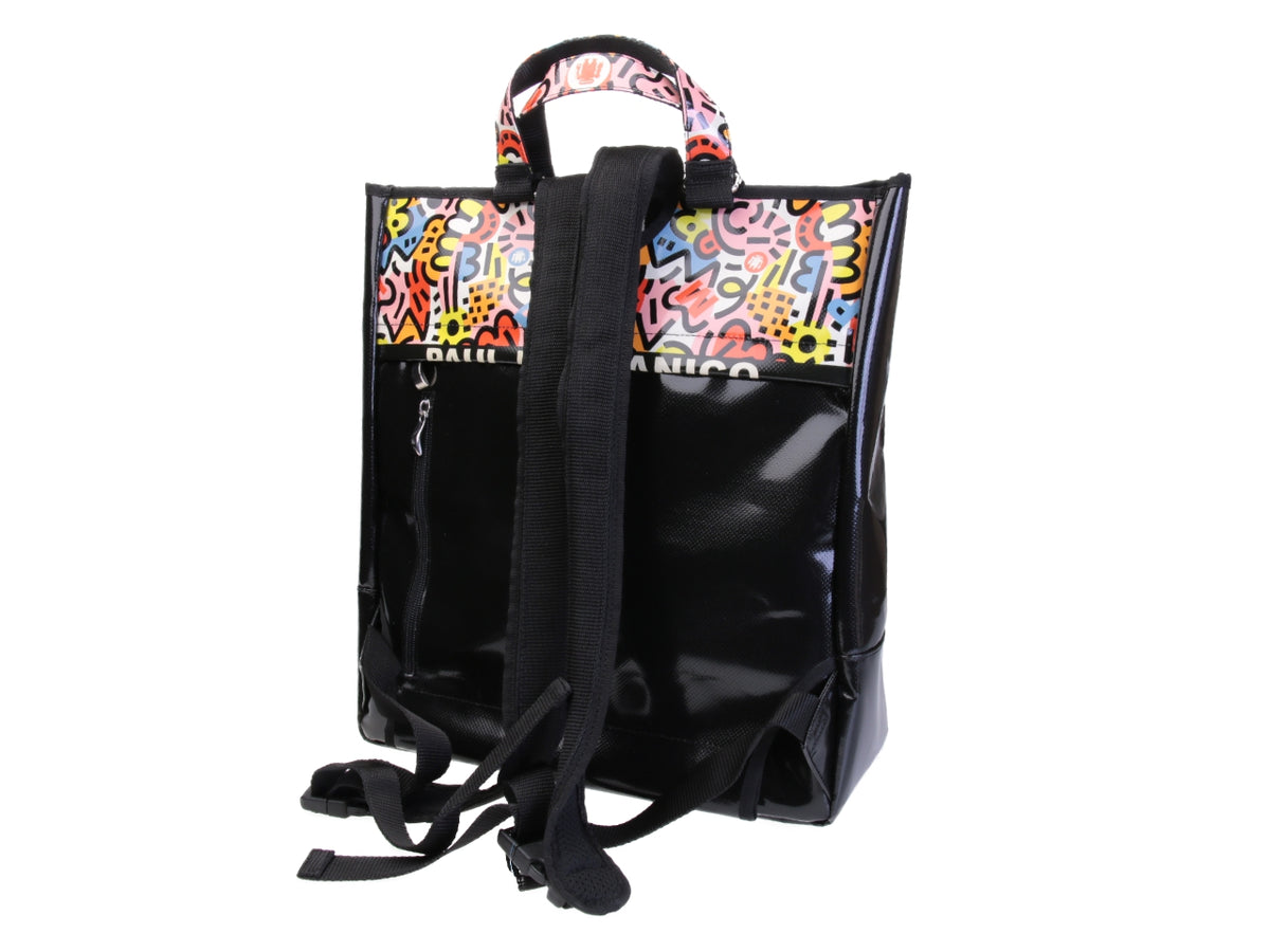 2 IN 1 BRIEFCASE AND BACKPACK BLACK WITH MULTICOLOR BAND. MODEL HYBRID MADE OF LORRY TARPAULIN.