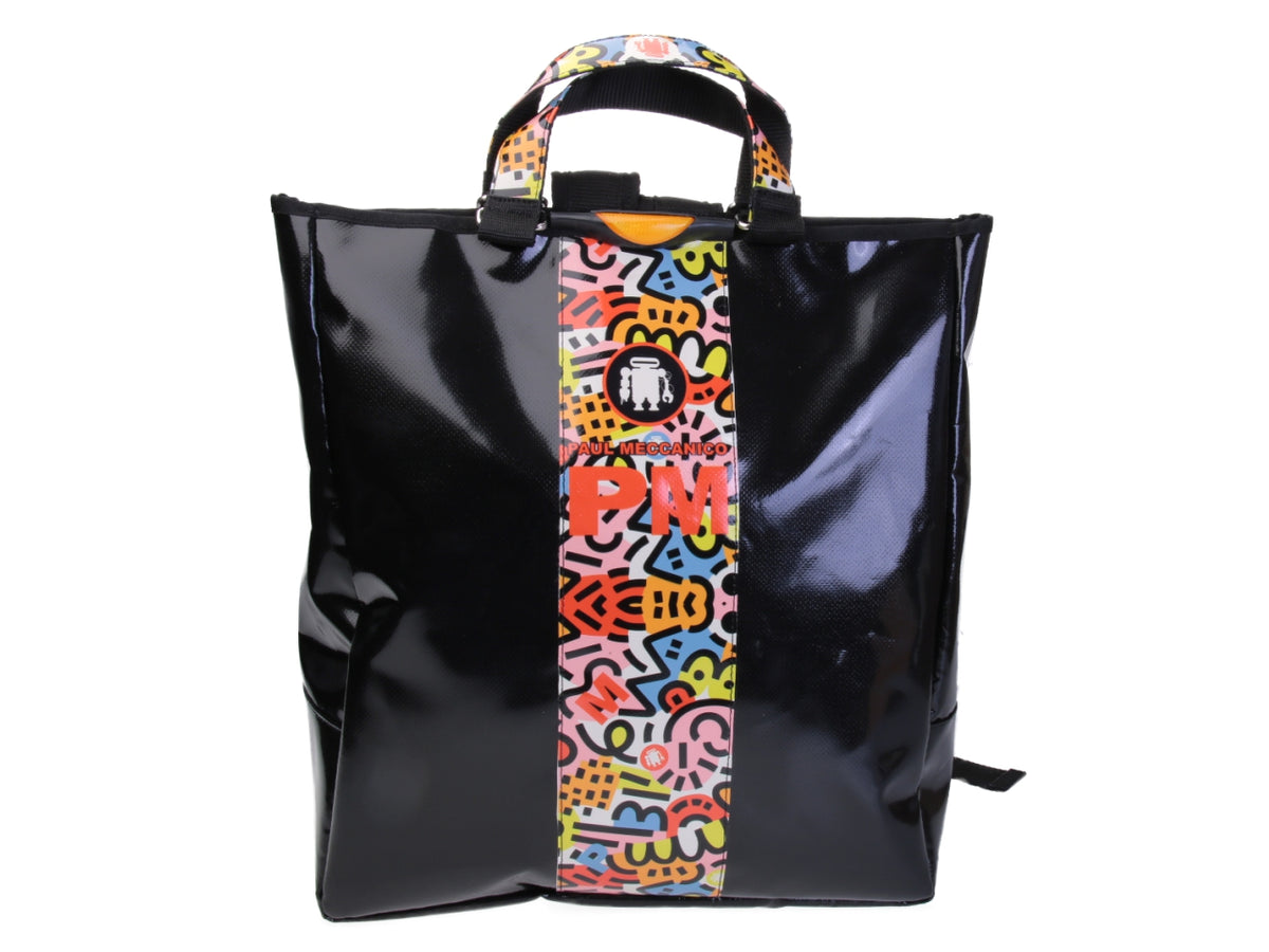 2 IN 1 BRIEFCASE AND BACKPACK BLACK WITH MULTICOLOR BAND. MODEL HYBRID MADE OF LORRY TARPAULIN.