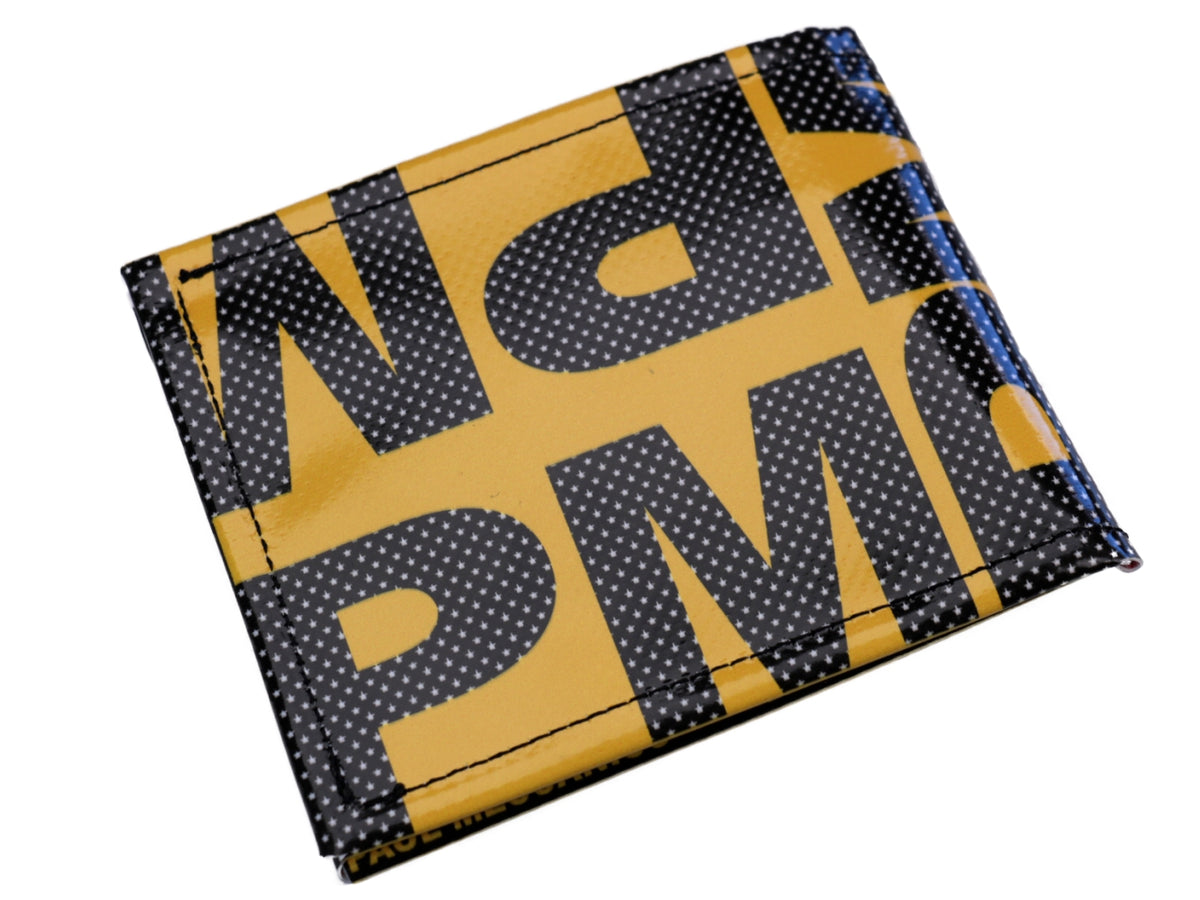 YELLOW MEN&#39;S WALLET WITH LETTERING FANTASY. MODEL CRIK MADE OF LORRY TARPAULIN.