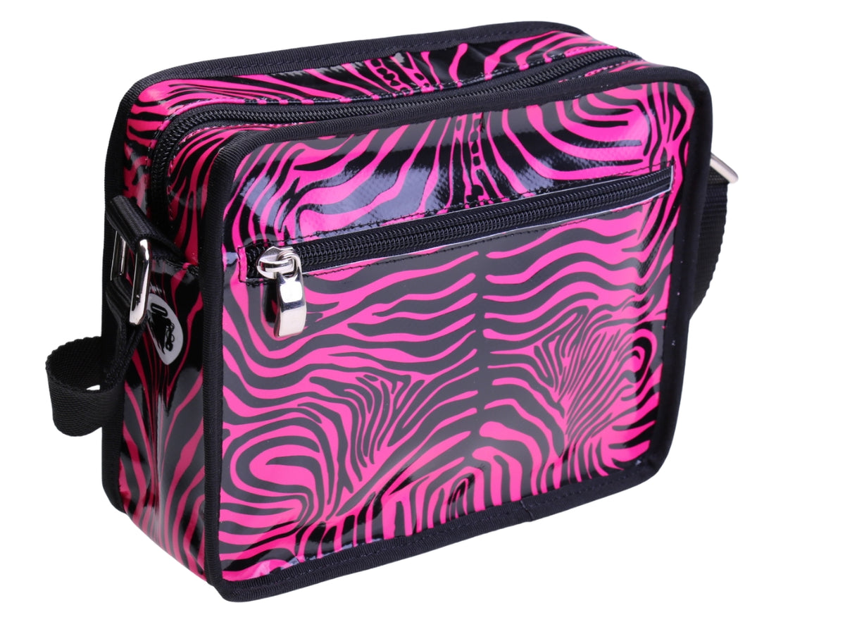 ..BLACK AND FUXIA SHOULDER BAG WITH ANIMALIER FANTASY. MODEL FRIK MADE OF LORRY TARPAULIN.