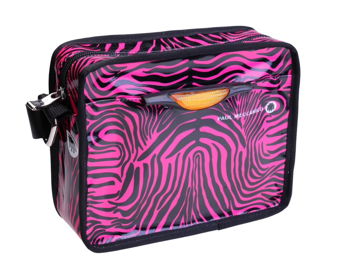 ..BLACK AND FUXIA SHOULDER BAG WITH ANIMALIER FANTASY. MODEL FRIK MADE OF LORRY TARPAULIN.