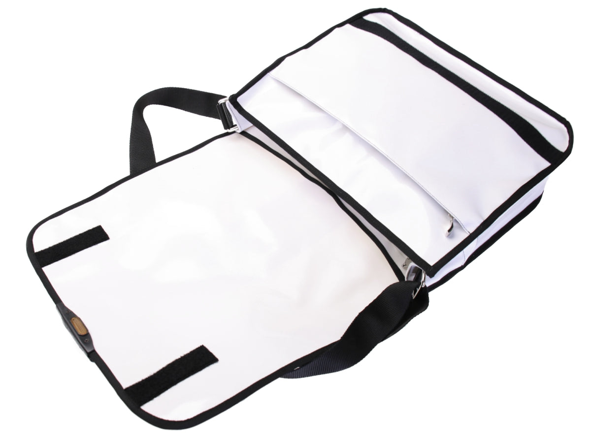 WHITE MESSENGER BAG. MODEL SPOT MADE OF LORRY TARPAULIN.