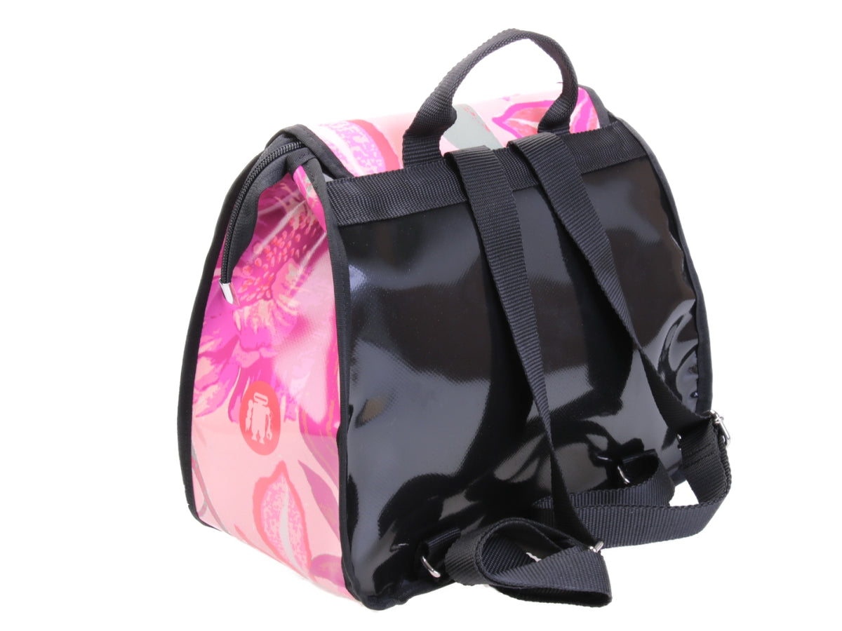 PINK WOMEN&#39;S &quot;BACK BAG&quot; WITH FLORAL FANTASY. MODEL PULP MADE OF LORRY TARPAULIN.