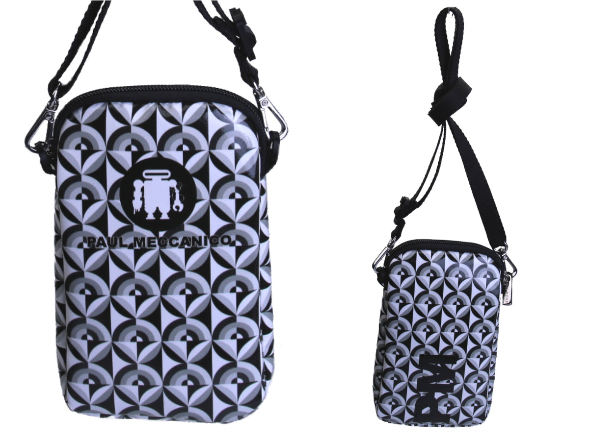 BLACK AND WHITE MOBILE PHONE BAG WITH GEOMETRIC FANTASY.