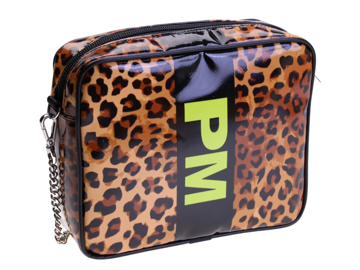 ..BROWN CLUTCH BAG WITH ANIMALIER FANTASY. PARK MODEL MADE OF LORRY TARPAULIN.