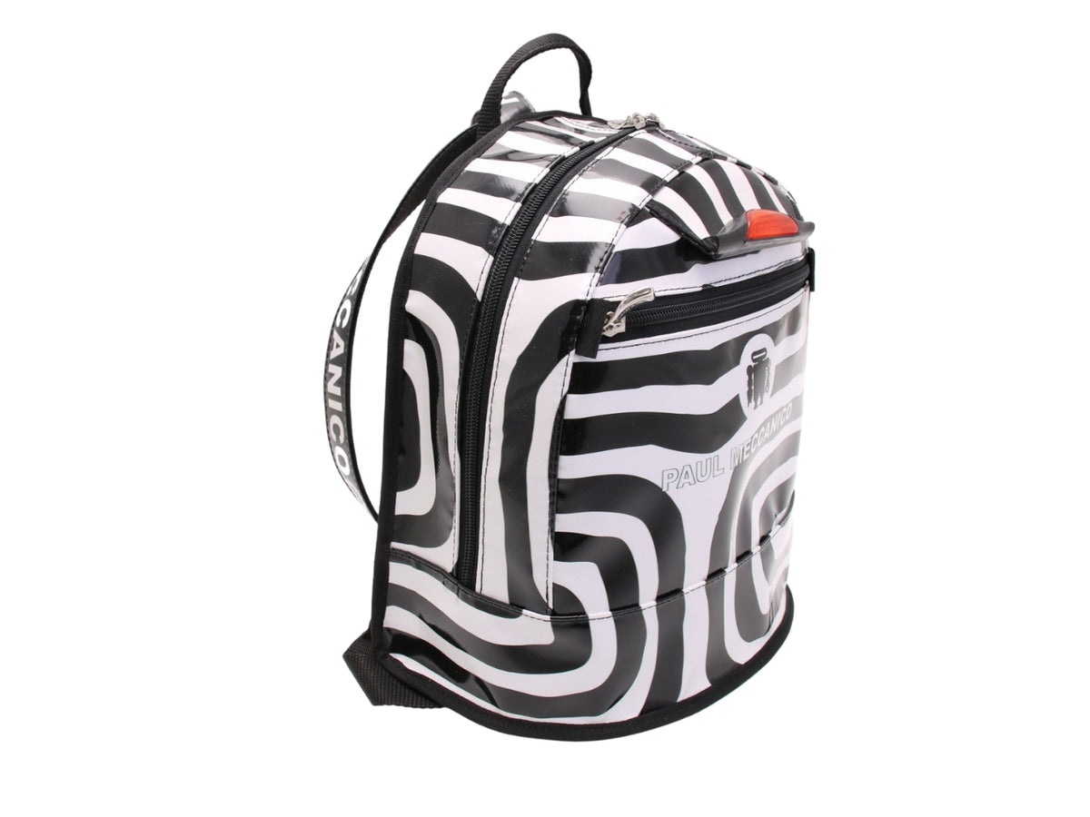 ...BACKPACK WITH BLACK &amp; WHITE FANTASY. MODEL SUPERINO MADE OF LORRY TARPAULIN.