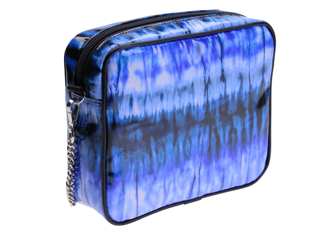 ..BLUE CLUTCH BAG WITH TIE DYE FANTASY. PARK MODEL MADE OF LORRY TARPAULIN.