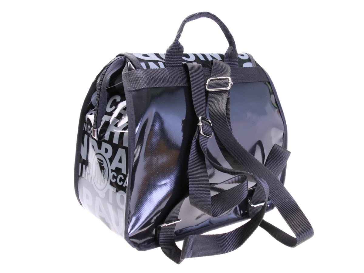 BLACK AND GREY WOMEN&#39;S &quot;BACK BAG&quot; WITH LETTERING FANTASY. MODEL PULP MADE OF LORRY TARPAULIN.