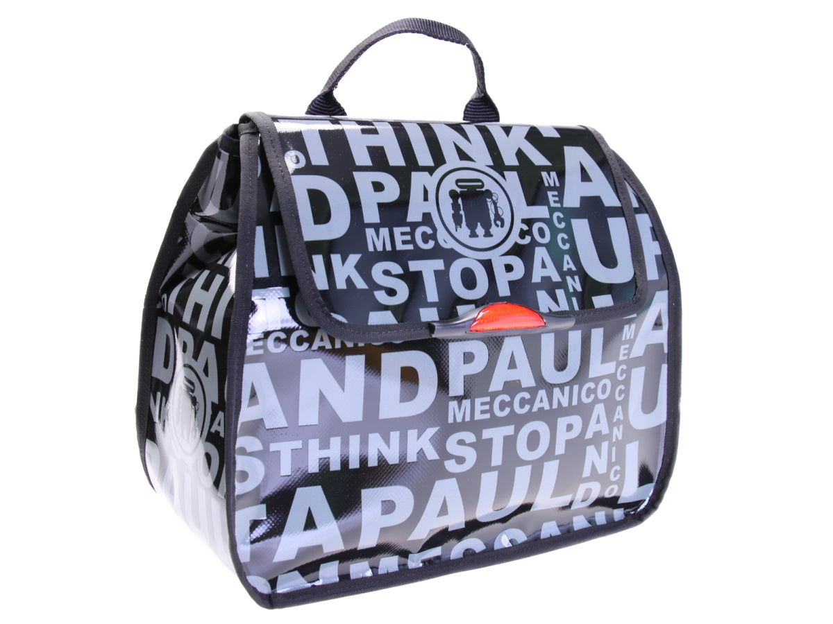 BLACK AND GREY WOMEN&#39;S &quot;BACK BAG&quot; WITH LETTERING FANTASY. MODEL PULP MADE OF LORRY TARPAULIN.