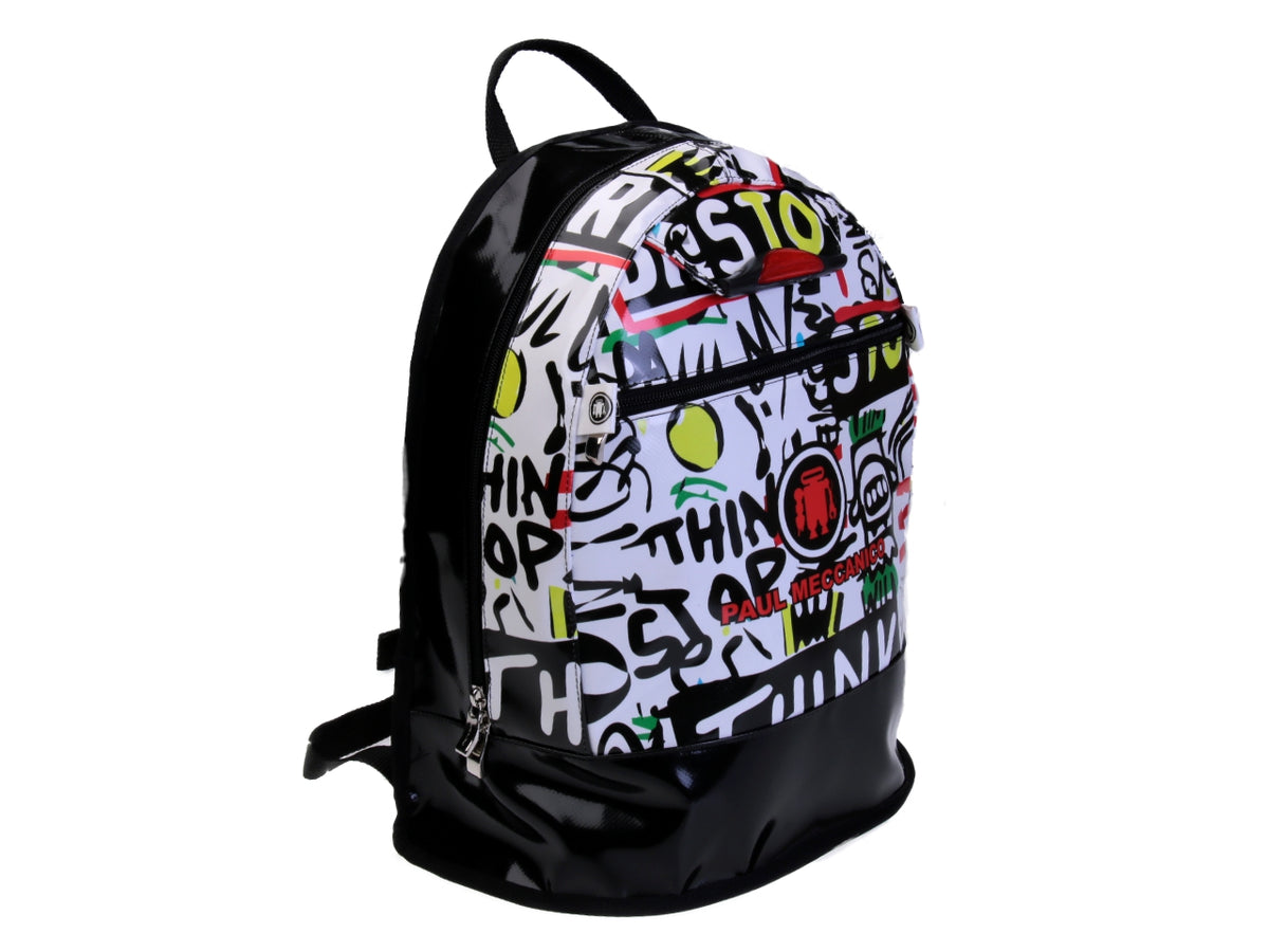 BLACK AND WHITE BACKPACK WITH MURALES FANTASY. MODEL SUPER MADE OF LORRY TARPAULIN.