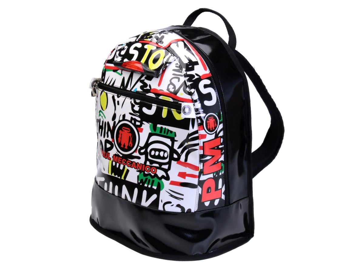 BLACK AND WHITE BACKPACK WITH MURALES FANTASY. MODEL SUPER MADE OF LORRY TARPAULIN.