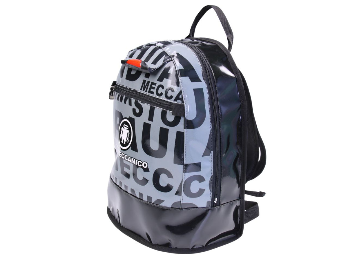 BACKPACK BLACK AND GREY WITH LETTERING FANTASY. MODEL SUPER MADE OF LORRY TARPAULIN.