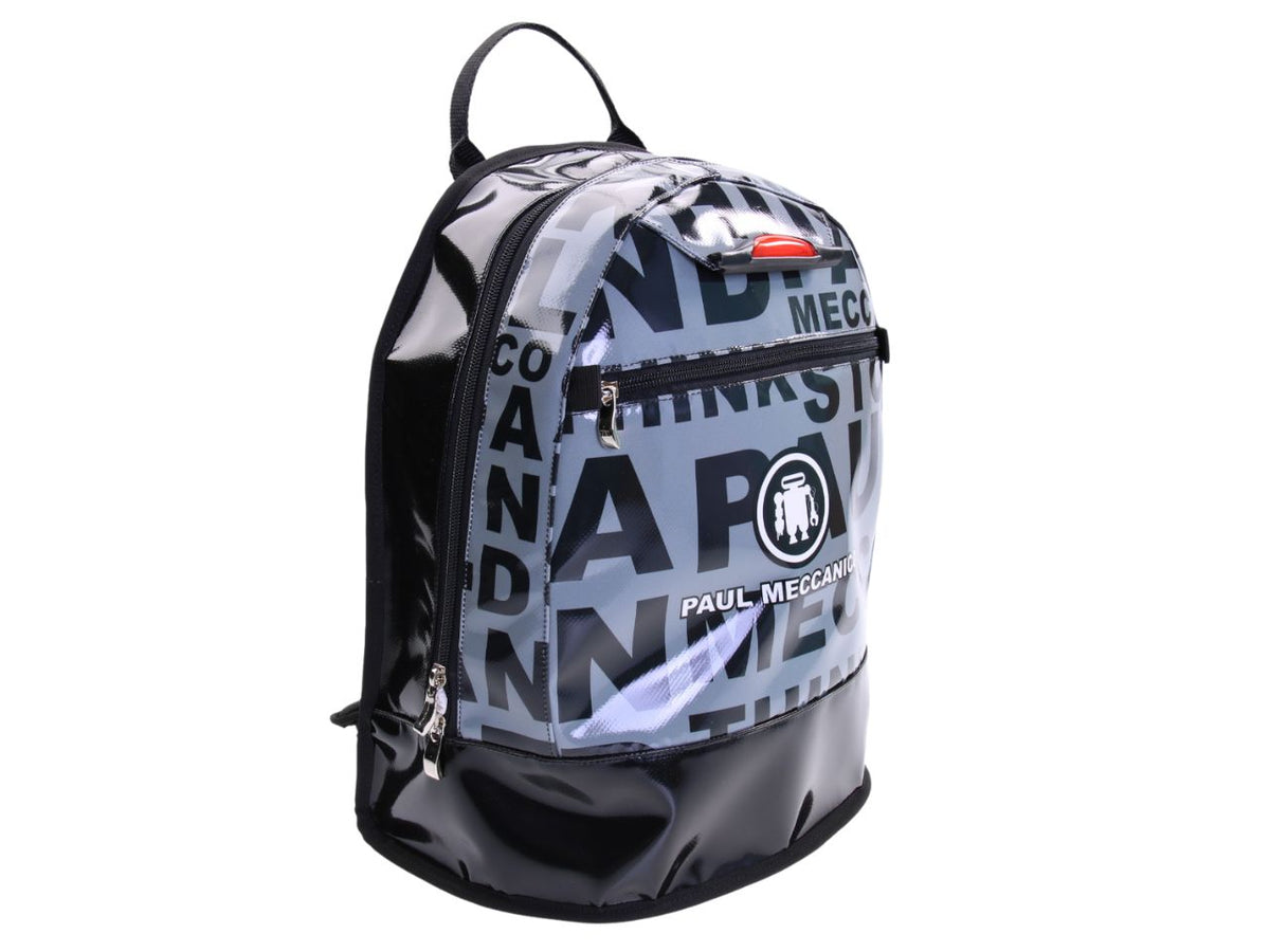 BACKPACK BLACK AND GREY WITH LETTERING FANTASY. MODEL SUPER MADE OF LORRY TARPAULIN.