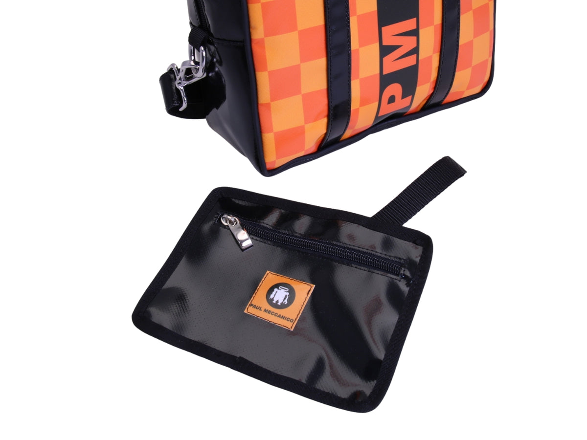 _ BLACK AND ORANGE RECTANGULAR WOMEN&#39;S BAG WITH CHESS FANTASY. MODEL PINCA MADE OF LORRY TARPAULIN.