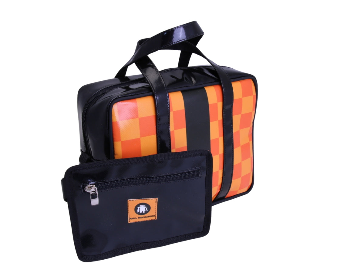 _ BLACK AND ORANGE RECTANGULAR WOMEN&#39;S BAG WITH CHESS FANTASY. MODEL PINCA MADE OF LORRY TARPAULIN.