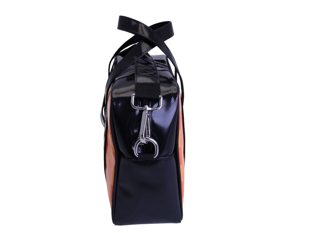 _ BLACK AND ORANGE RECTANGULAR WOMEN&#39;S BAG WITH CHESS FANTASY. MODEL PINCA MADE OF LORRY TARPAULIN.