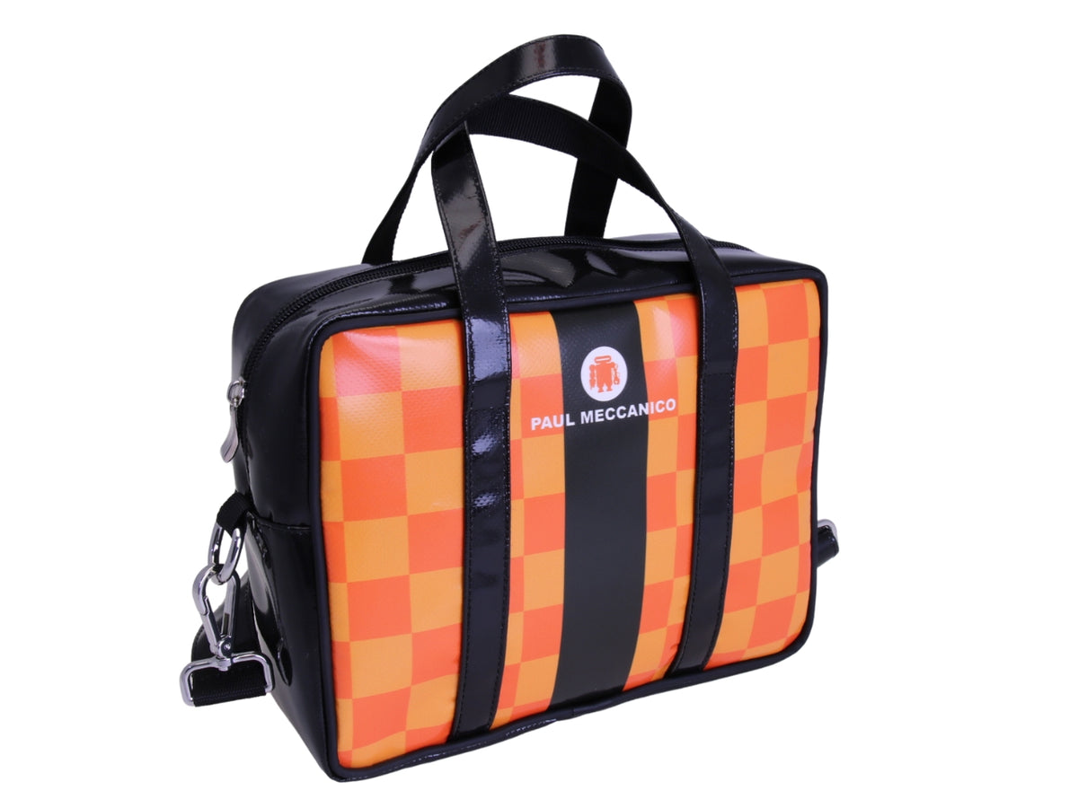 _ BLACK AND ORANGE RECTANGULAR WOMEN&#39;S BAG WITH CHESS FANTASY. MODEL PINCA MADE OF LORRY TARPAULIN.