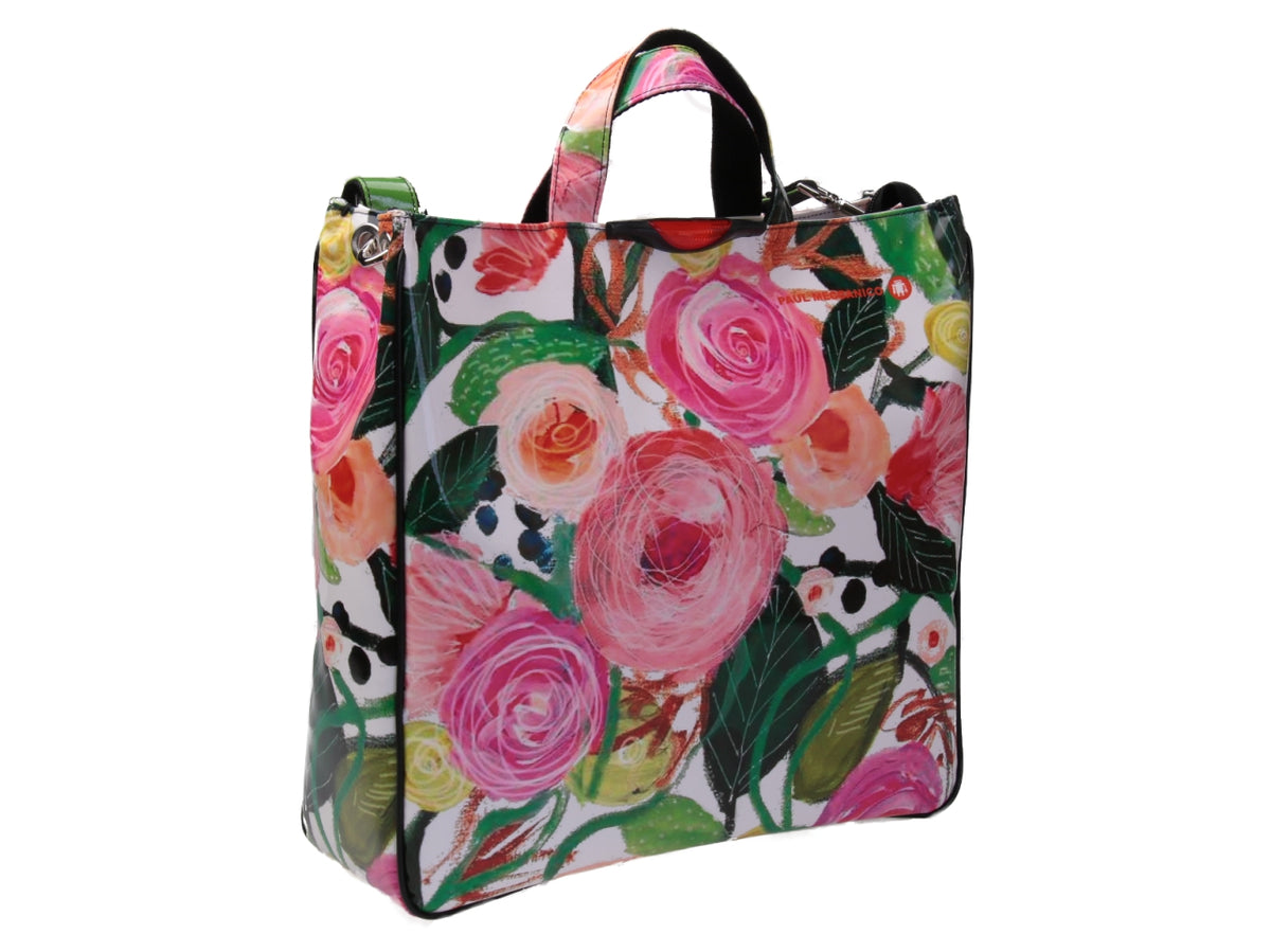 WHITE MAXI TOTE BAG WITH FLORAL FANTASY. MODEL AIRSTONE MADE OF LORRY TARPAULIN.