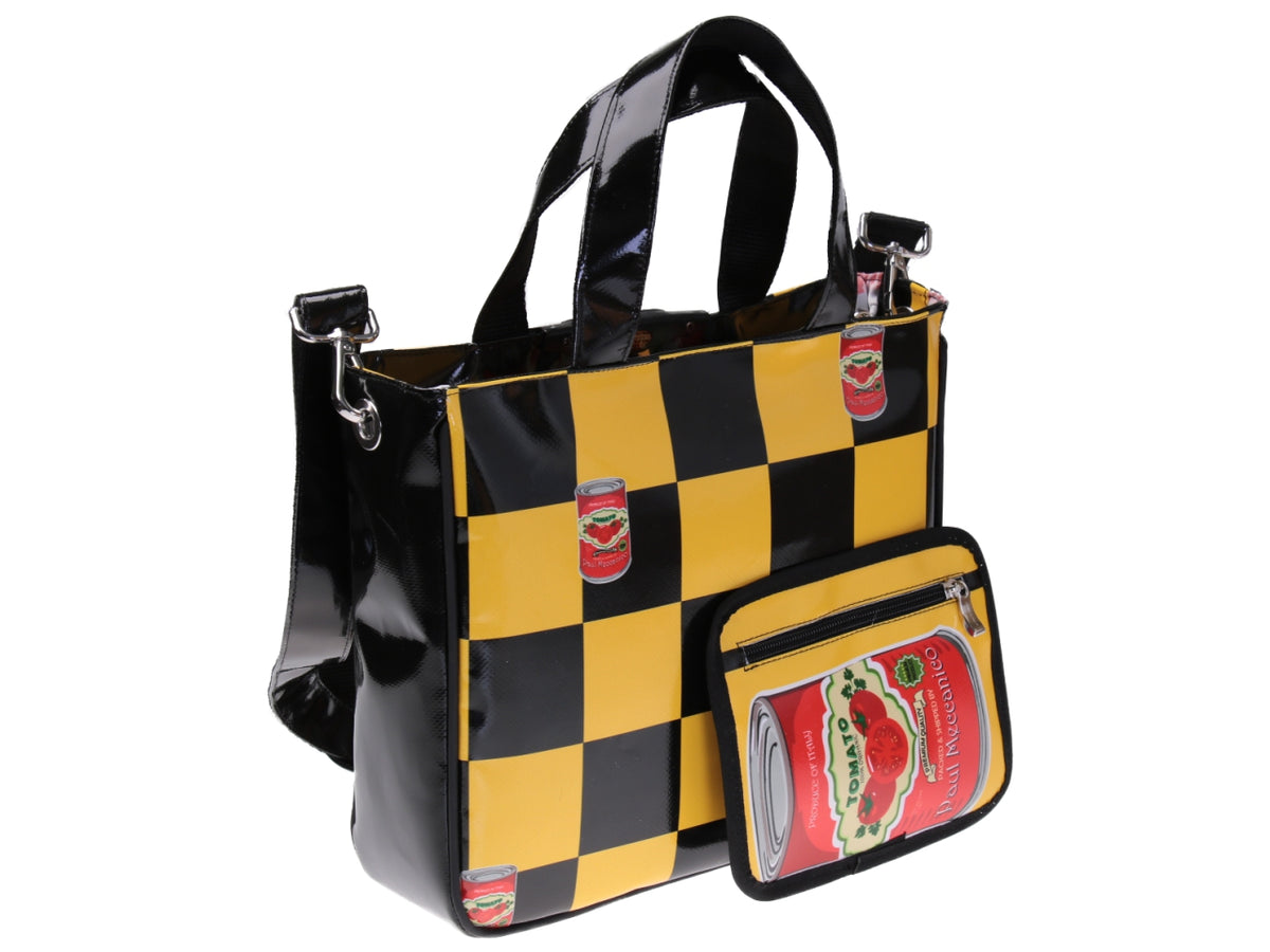 BLACK AND YELLOW TOTE BAG CHESS FANTASY &quot;TOMATO&quot;. MODEL GLAM MADE OF LORRY TARPAULIN.