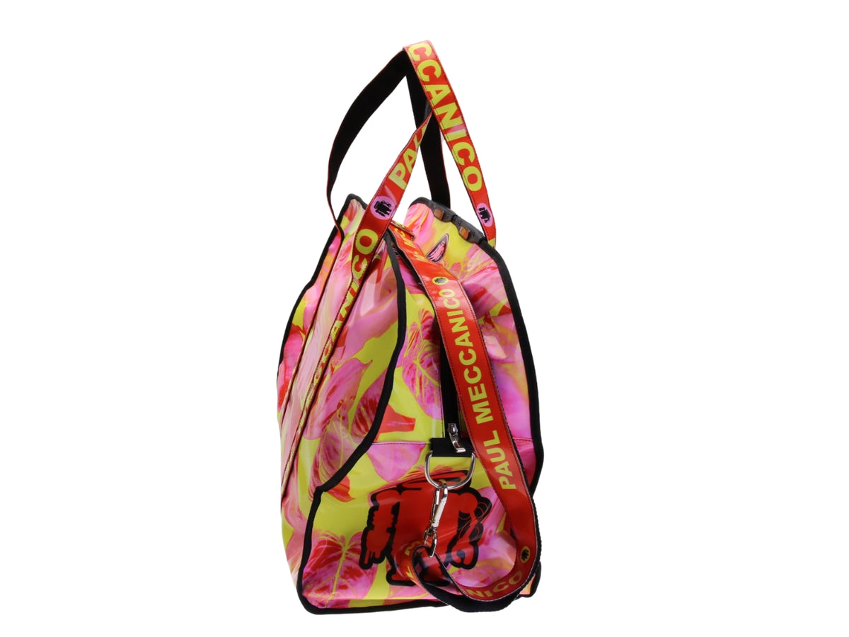 ...PINK AND YELLOW LARGE TRAVEL OR SPORTS BAG WITH FLORAL FANTASY. MODEL RAID MADE OF LORRY TARPAULIN.