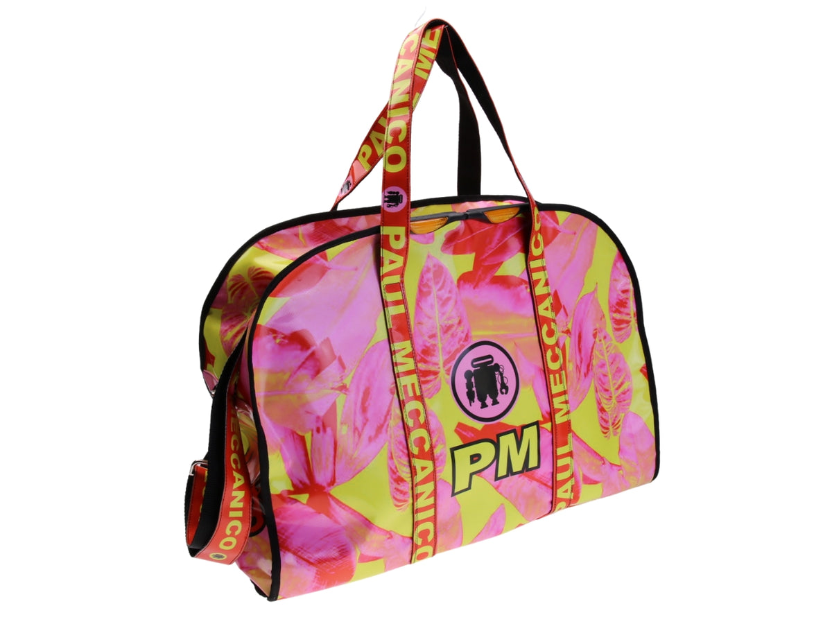 ...PINK AND YELLOW LARGE TRAVEL OR SPORTS BAG WITH FLORAL FANTASY. MODEL RAID MADE OF LORRY TARPAULIN.