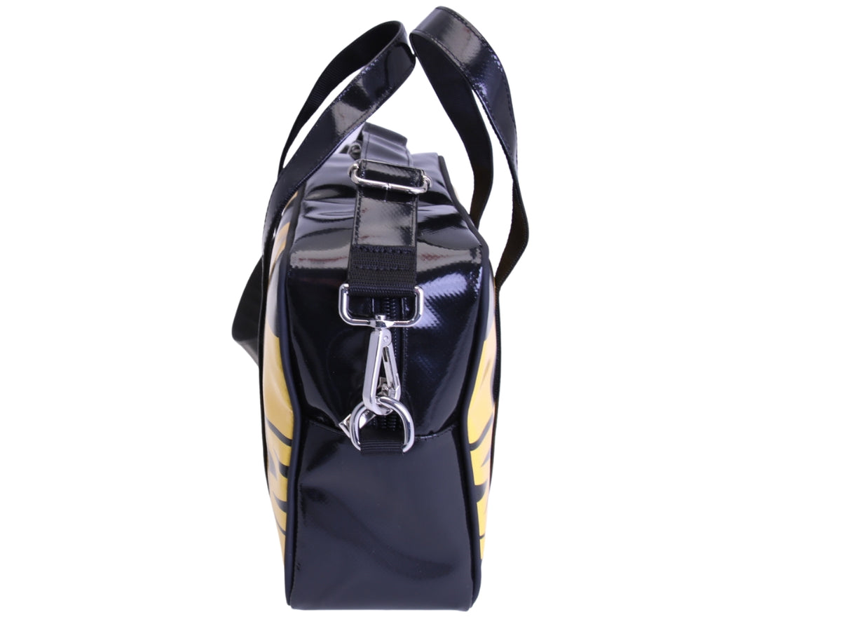 _ BLACK AND YELLOW RECTANGULAR WOMEN&#39;S BAG WITH CHESS FANTASY. MODEL PINCA MADE OF LORRY TARPAULIN.