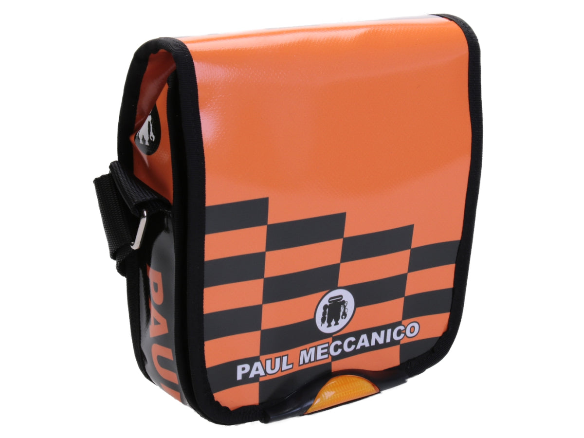 ORANGE AND CROSSBODY BAG WITH GEOMETRIC FANTASY. MODEL MIPOK MADE OF LORRY TARPAULIN.