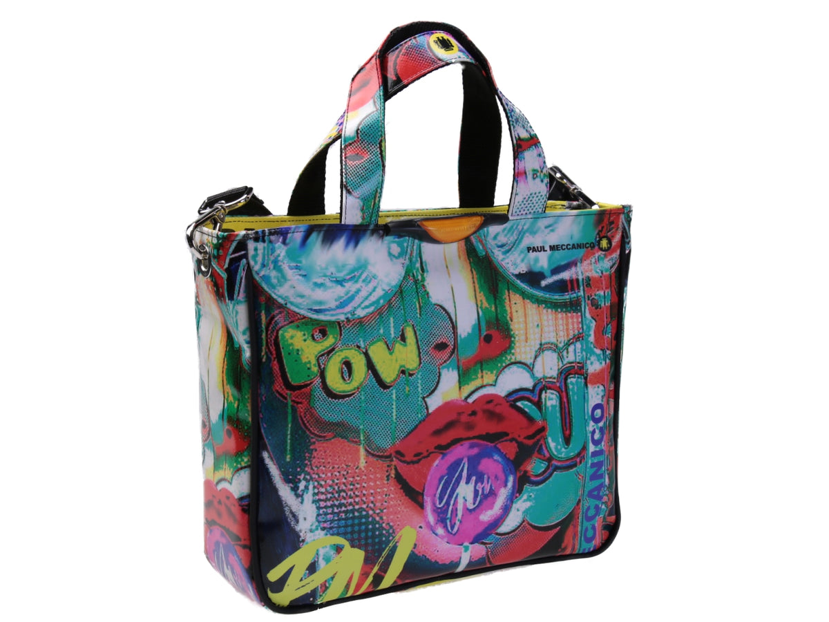 MULTICOLOUR TOTE BAG POP ART STYLE. MODEL GLAM MADE OF LORRY TARPAULIN.
