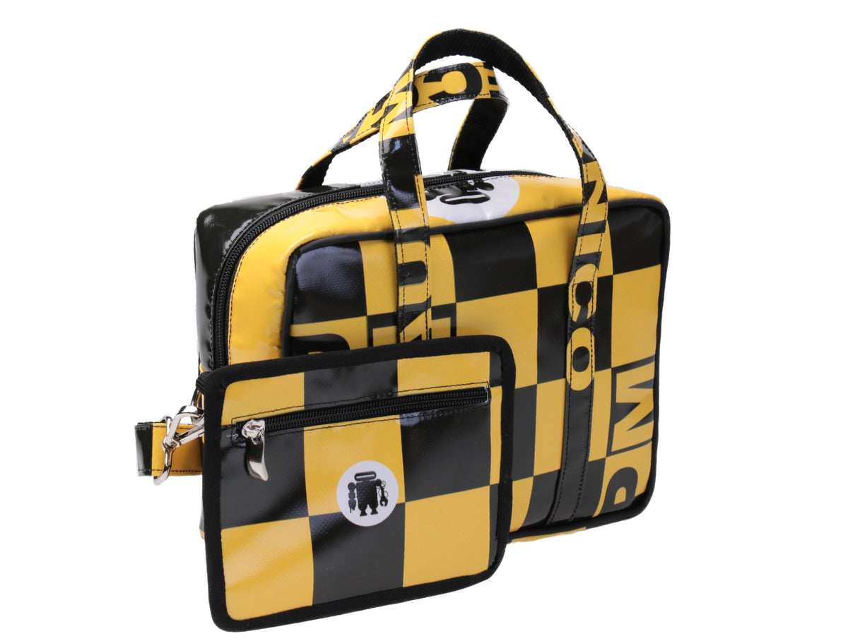 RECTANGULAR WOMEN&#39;S BAG WITH BLACK FOREST AND YELLOW CHESS FANTASY. MODEL PINCA MADE OF LORRY TARPAULIN.