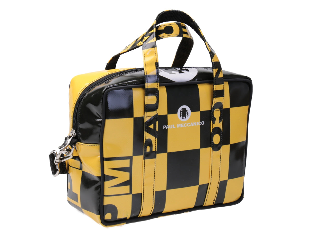 RECTANGULAR WOMEN&#39;S BAG WITH BLACK FOREST AND YELLOW CHESS FANTASY. MODEL PINCA MADE OF LORRY TARPAULIN.