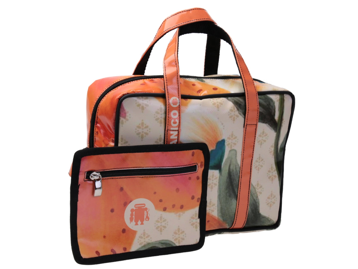 RECTANGULAR WOMEN&#39;S BAG ORANGE AND BEIGE COLOURS WITH FLORAL FANTASY. MODEL PINCA MADE OF LORRY TARPAULIN.