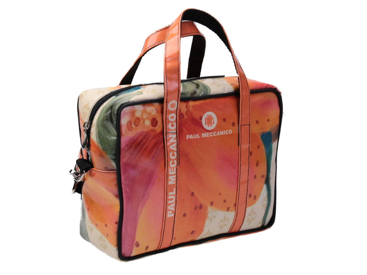 RECTANGULAR WOMEN&#39;S BAG ORANGE AND BEIGE COLOURS WITH FLORAL FANTASY. MODEL PINCA MADE OF LORRY TARPAULIN.