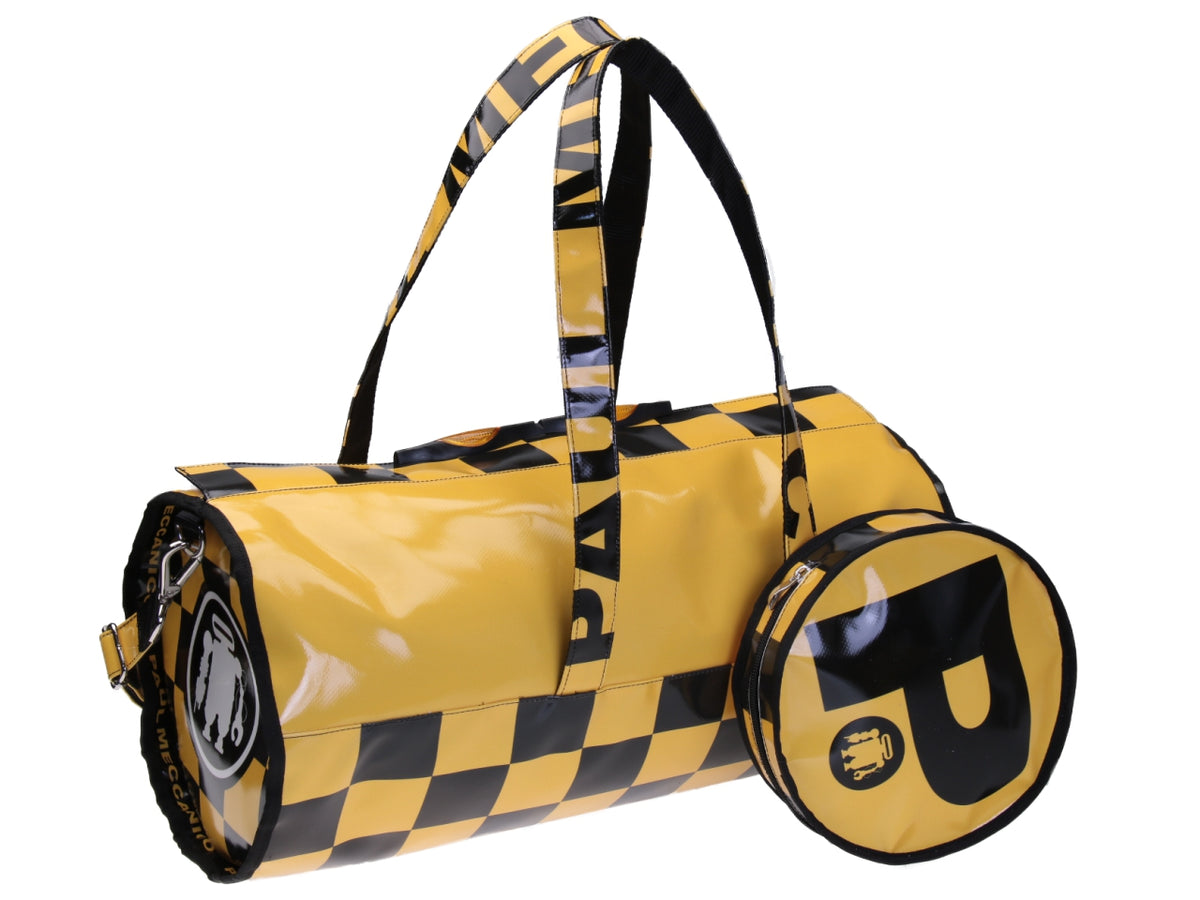 BLACK AND YELLOW SPORTS BAG WITH CHESS FANTASY. MODEL ROLLING MADE OF LORRY TARPAULIN.
