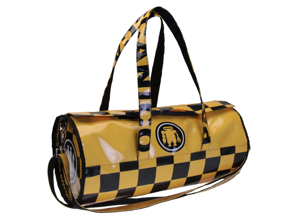 BLACK AND YELLOW SPORTS BAG WITH CHESS FANTASY. MODEL ROLLING MADE OF LORRY TARPAULIN.