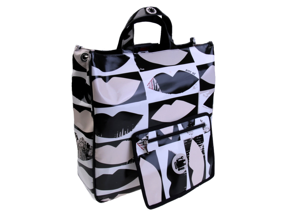 MAXI TOTE BAG BLACK, WHITE AND BEIGE COLOURS &quot;KISS&quot;. MODEL AIRSTONE MADE OF LORRY TARPAULIN.