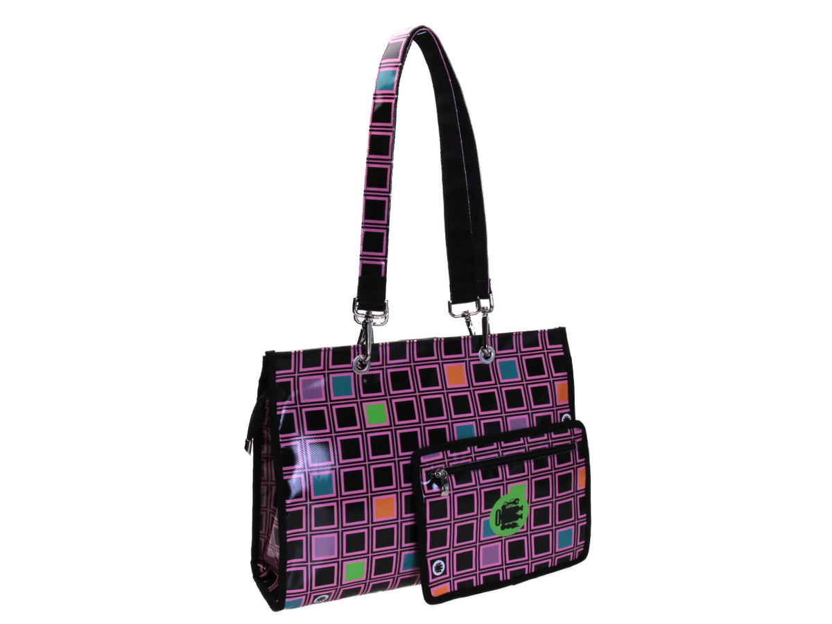 BLACK AND PINK SHOPPER BAG WITH GEOMETRIC FANTASY. MODEL PEPE MADE OF LORRY TARPAULIN.